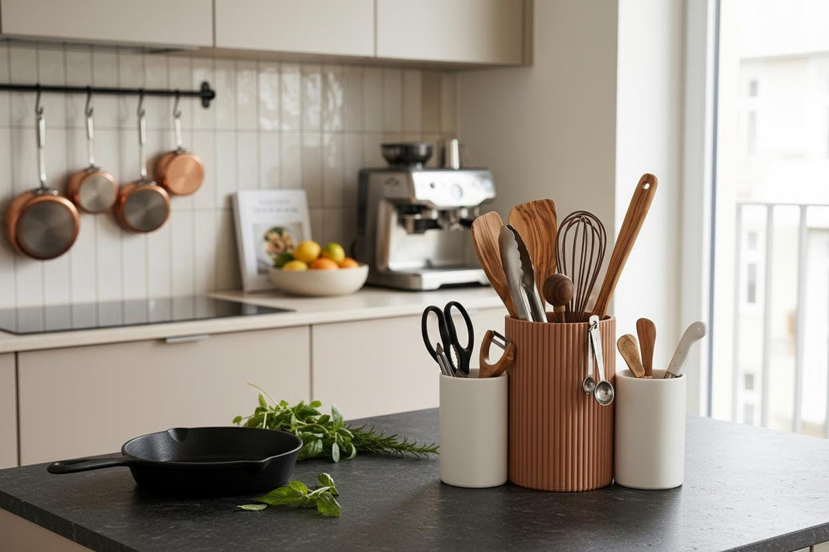 TRIO | Organizador de Utensílios de Cozinha com 3 Compartimentos | Porta-Utensílios Moderno | Organizador de Bancada | Japandi | ALYQO