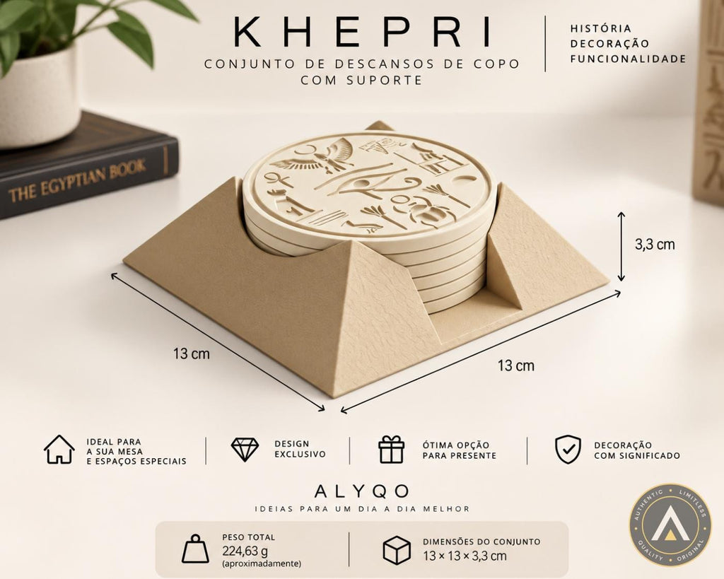 KHEPRI | Conjunto de 6 Descansos de Copo Egípcios com Suporte | Decoração Egípcia para Mesa | Descansos de Copo Decorativos | ALYQO