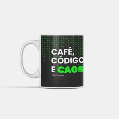 Arte para programadores com a frase “Café, Código e Caos” em estilo Matrix
