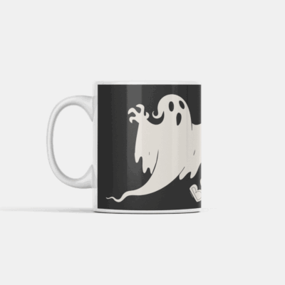 Fantasma estilizado com a frase “Assustador é ficar sem meu café” em fundo preto