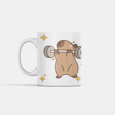Capivara fofa levantando peso com a frase “Café é meu pré-treino”.