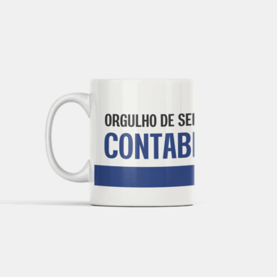 Caneca com frase “Orgulho de ser Contabilista” e ilustração de calculadora.