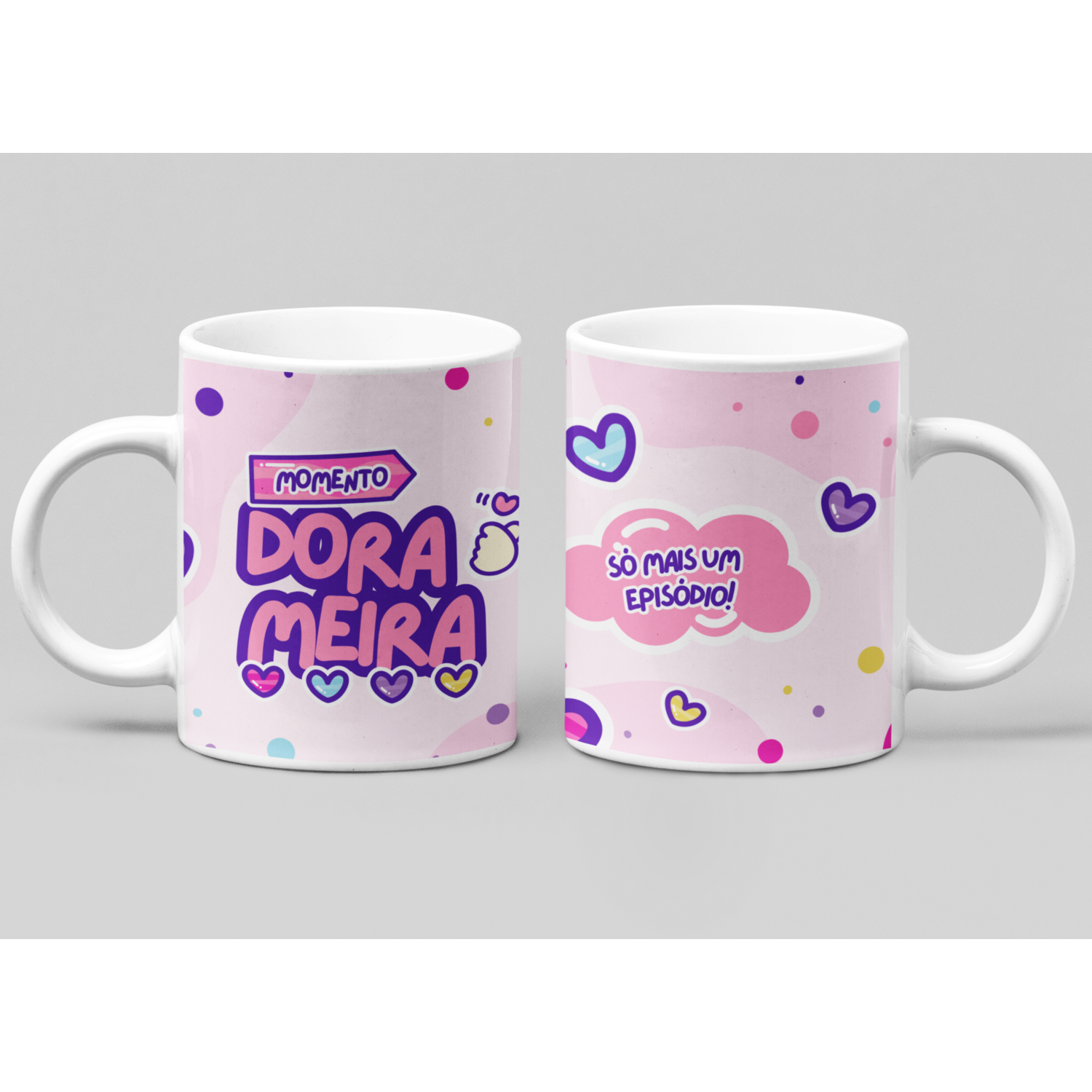 Momento Dorameira – Só Mais Um Episódio Ilustração fofa com a frase Só mais um episódio dentro de nuvem rosa.