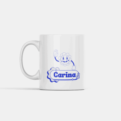Ilustração azul com personagem sorridente segurando placa “Não me atrapalhe, me traga café!”