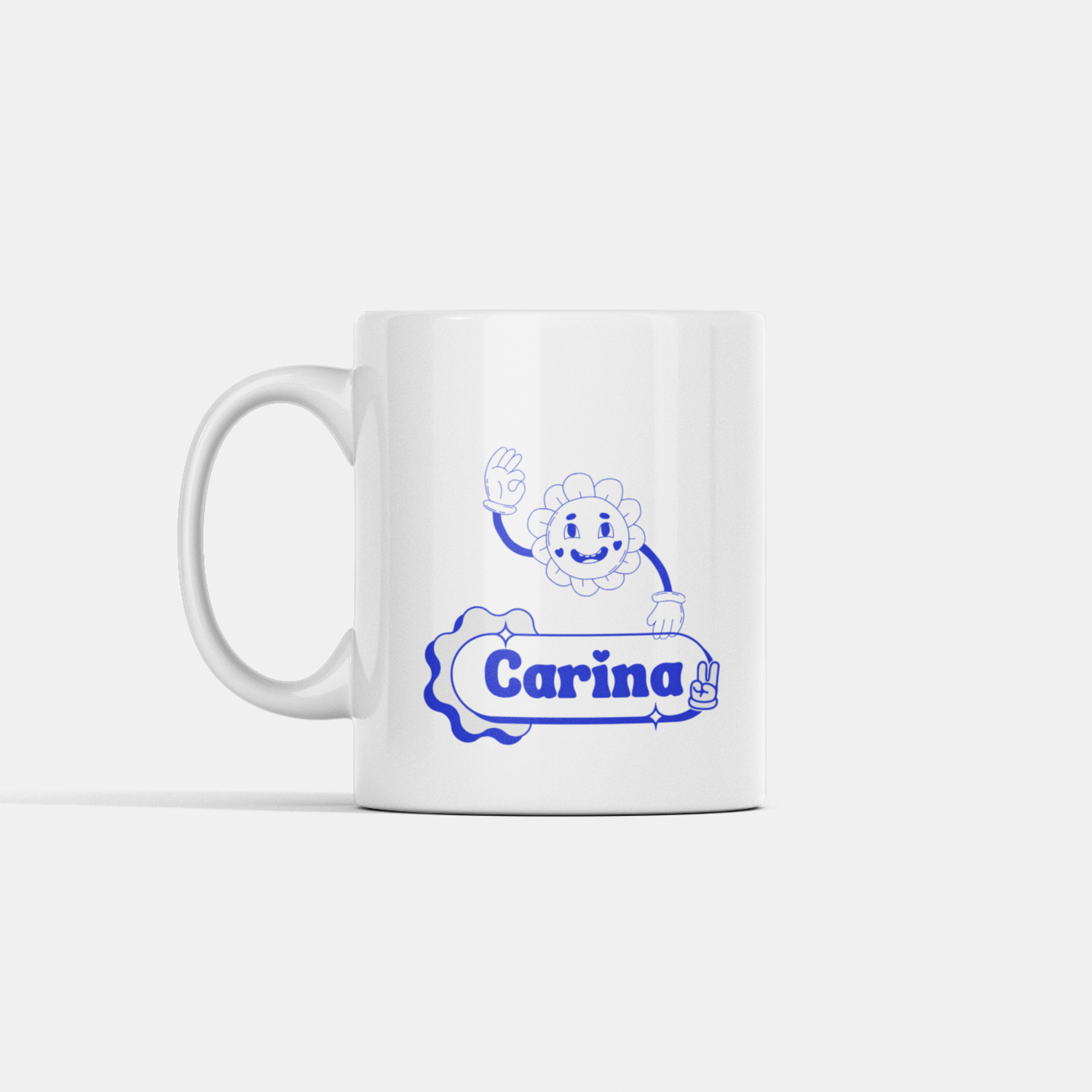 Traz-me Café Ilustração azul com personagem sorridente segurando placa “Não me atrapalhe, me traga café!”