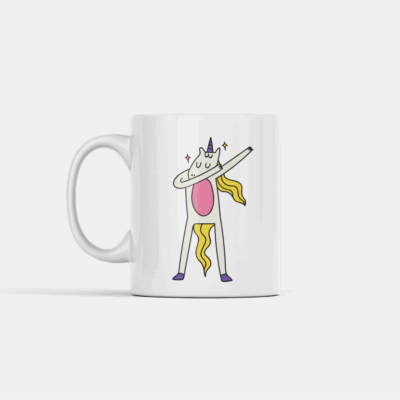 Unicórnio a fazer dab com mensagem “Aguarde o café fazer efeito”