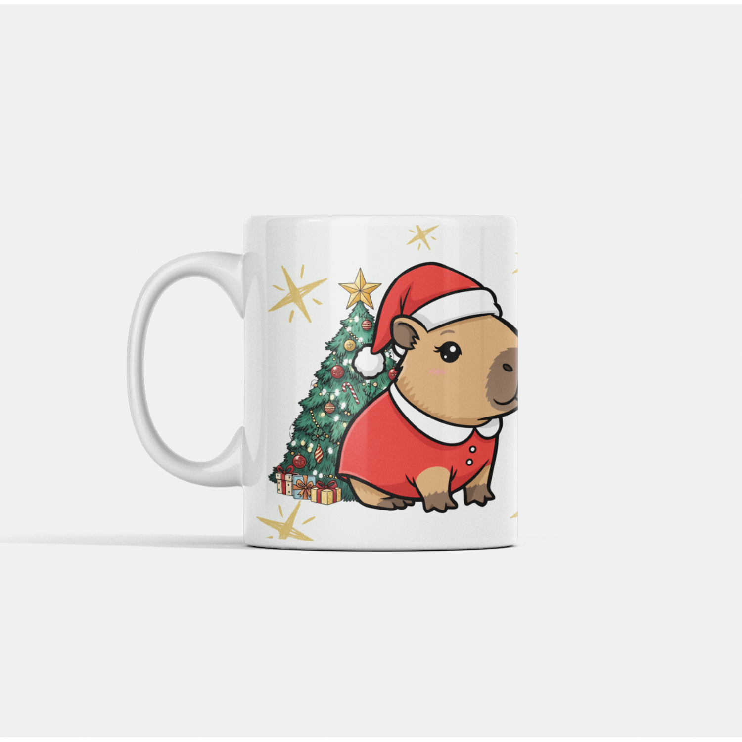 caneca capivara natalícia – feliz natal Caneca divertida de Natal com capivara fofa vestida de Papai Noel ao lado de árvore decorada e a frase “Feliz Natal”.
